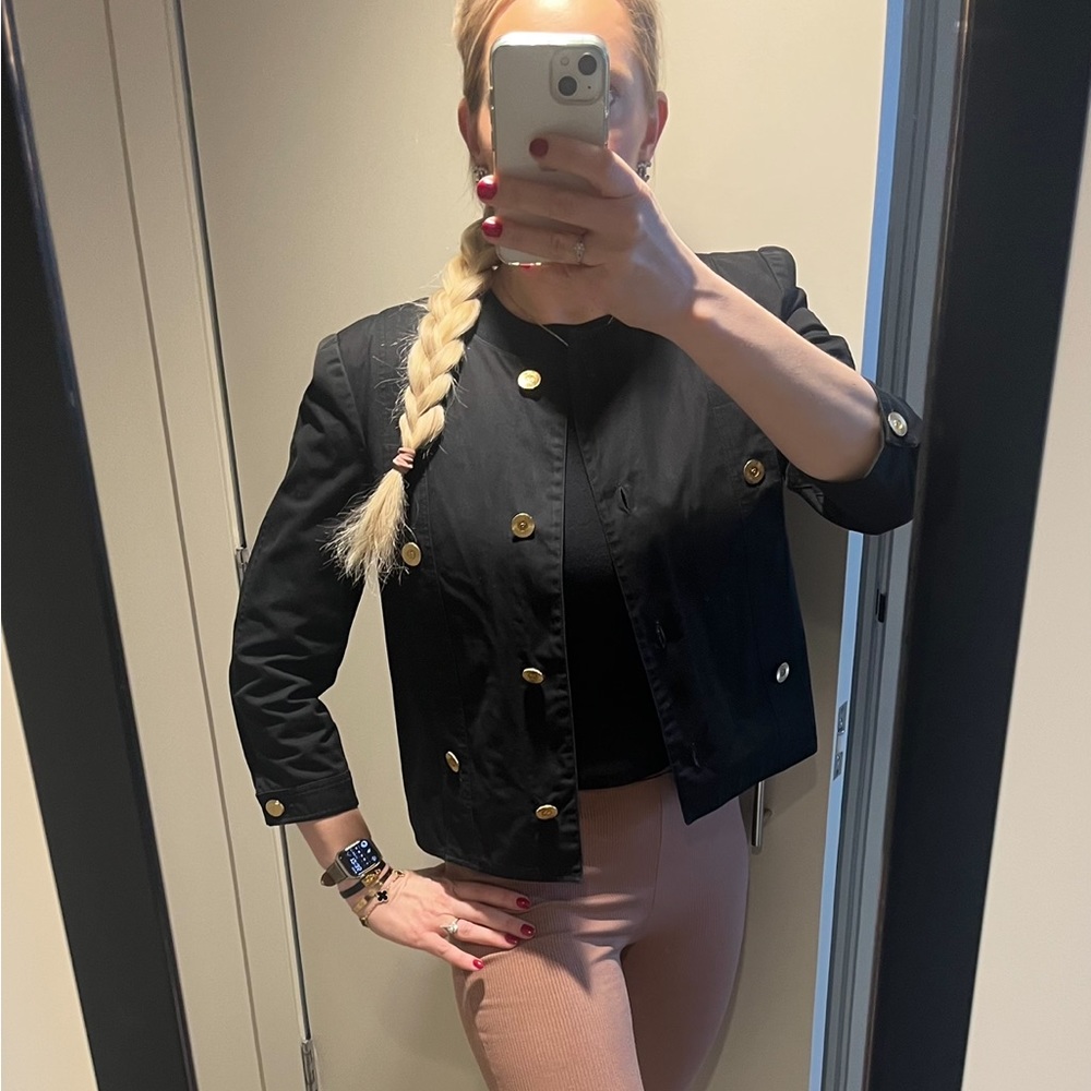 💔SOLD💔 CHANEL Vintage Little Black Jacket with CC logo buttons denim FR40 auth
